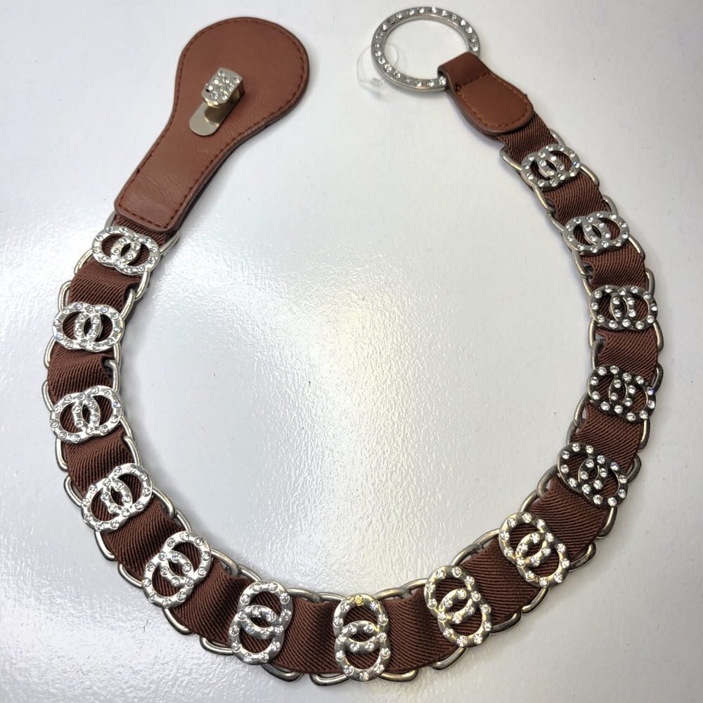 Dark Brown Rhinestones Embellished Belt with Round Rhinestone Buckle